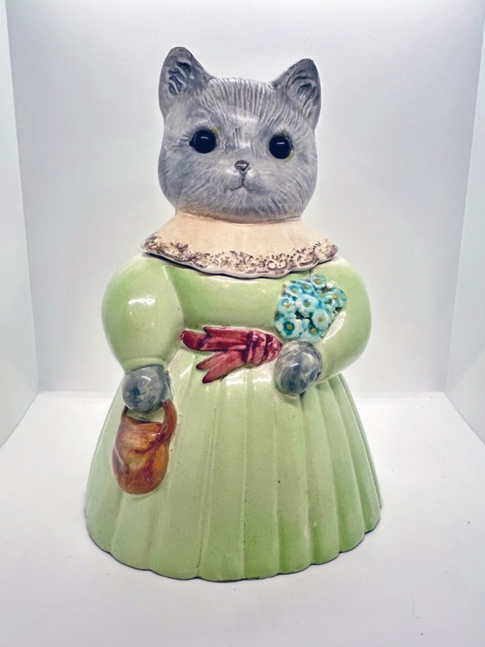 Vintage Miss Kitty Rose Cottage Cat Cookie Jar- Hand Painted from Portugal